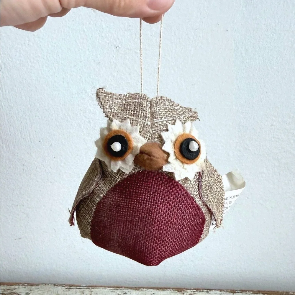 Rustic Burlap Owl Ornament Burgundy Tan Farmhouse Woodland Decor 4in